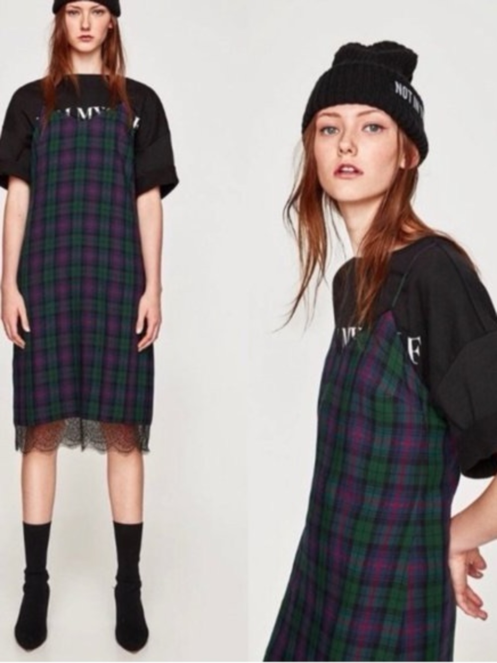 Zara Plaid Slip Dress with Lace Trim - green/cobalt blue and red